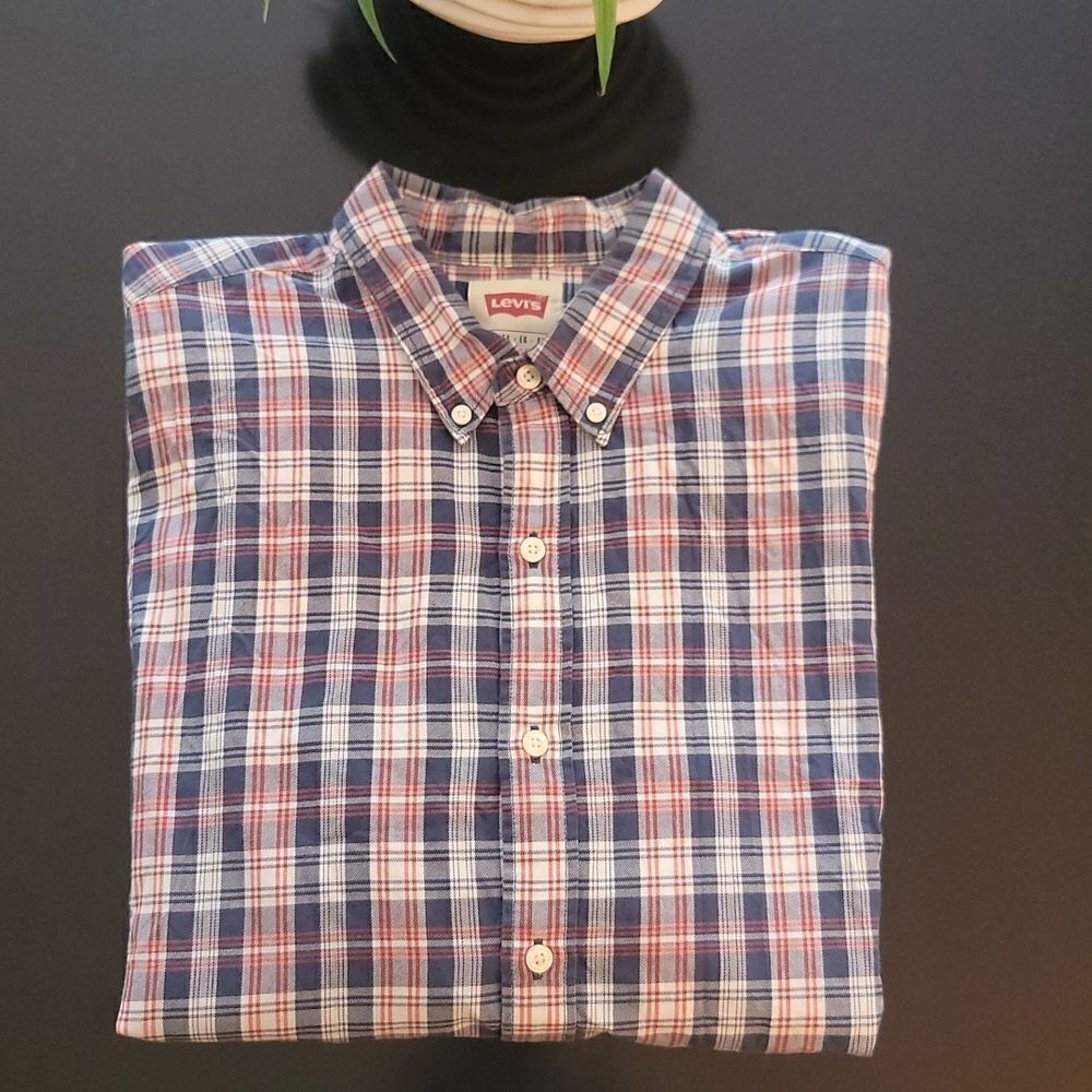 Levi's Strauss & Co. Navy Red White Plaid Men's Button Up Shirt Men's XLARGE